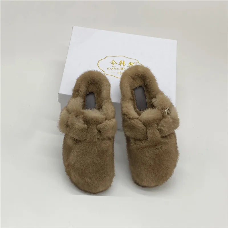 Female Luxury Real Mink Fur Slippers, Women's Clogs, Slip-on Casual Winter Shoes, Mules Shoes Women Luxury Designer Mink Slipper