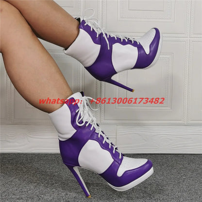 Lace Up High Top High Heel Sport Boots Size 47 Sporty Style Woman High Heel Lace-Up Short Boot High Heel Woman Sport Ankle Boots