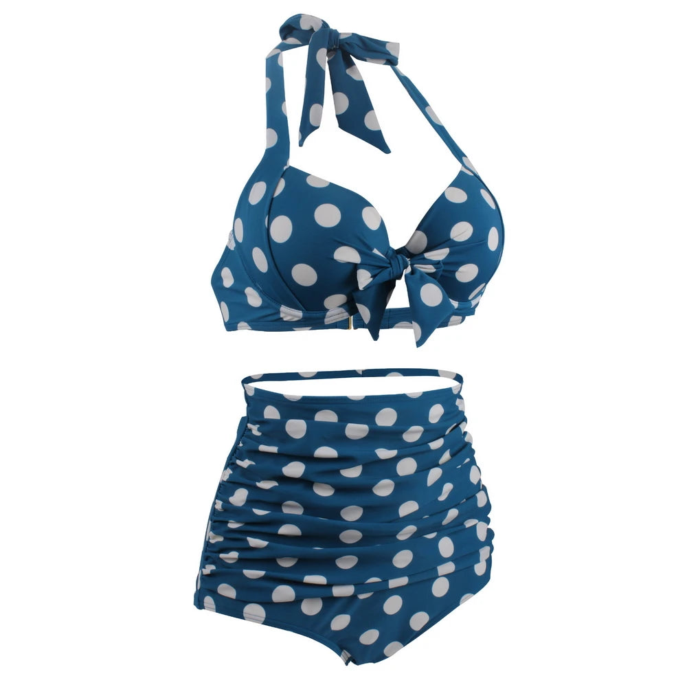 Pleated Bikini Red Top Navy Blue With White Dots Bottom Women Classic High Waist Halter Bikini Sets Plus Size Two-piece Swimwear
