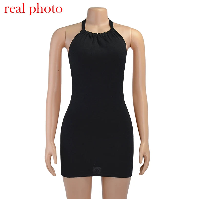 Cryptographic Halter Sexy Backless Mini Dresses Bodycon Skinny Club Party Sleeveless Knitted Dress Fall Streetwear Beach Holiday
