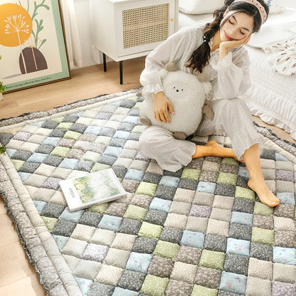 Large Thick Cotton Quilted Rugs for Living Room Anti Slip Bedroom Bedside Carpet Rugs Winter Warm Floral Print Tatami Floor Mats