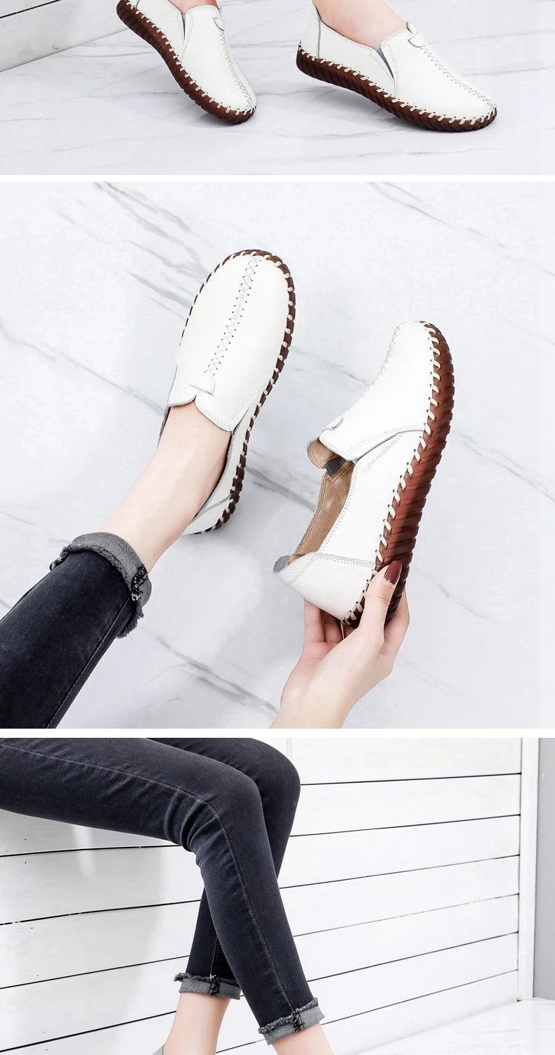 Genuine Leather Ballet Flats Shoes Women Vintage Luxury High Quality Loafers Women's Moccasins Casual Elegant Ladies Wide Shoes