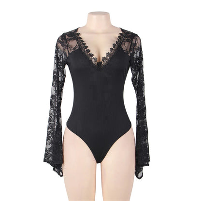 Bodysuits Women Top Fashion V Neck Lace Skinny Lingerie Leotard Black Mesh Salopette Teddy Femme Horn Sleeves Rompers Jumpsuits