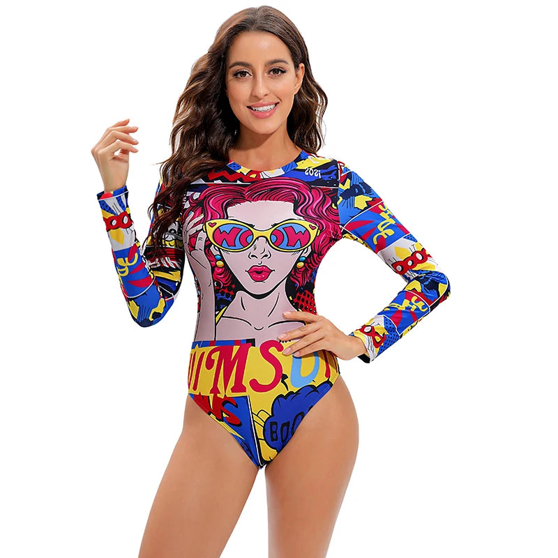 TYAKKVE Surf Swimwear Rash Guard Long Sleeve One Piece Swimsuit For Women Print High Neck Bodysuits Swim Suits Backless Monokini