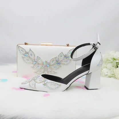 BaoYaFang White Beads Pearl wedding shoes Bride Pointed Toe Square Thick High Heel Party dress shoes and bag set Ankle Strap
