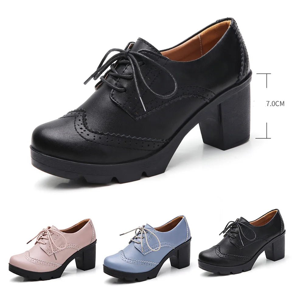 EOFK Women Brogue Shoes New Quaity High Square Heel Derby Genuine Leather High Heels Wedge Shoes Woman Female Shoes Pumps Casual