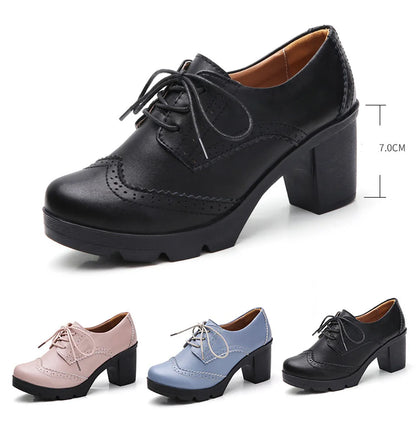 EOFK Women Brogue Shoes New Quaity High Square Heel Derby Genuine Leather High Heels Wedge Shoes Woman Female Shoes Pumps Casual