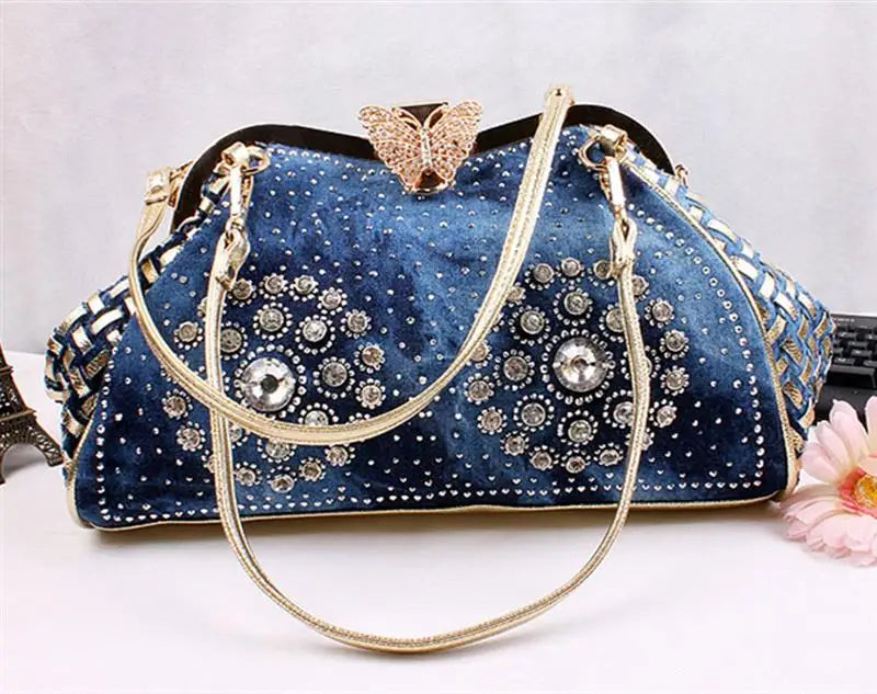 Denim Rhinestones Women Handbag Clutch Bag For Evening Party Chic Butterfly Decoration Ladies Denim  Shoulder Bag