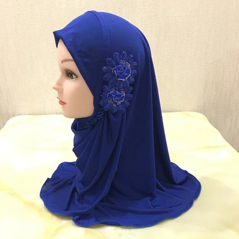 H081 beautiful small girl hijab with flowers cute hijab hats women's caps can fit 2-6 years old girls