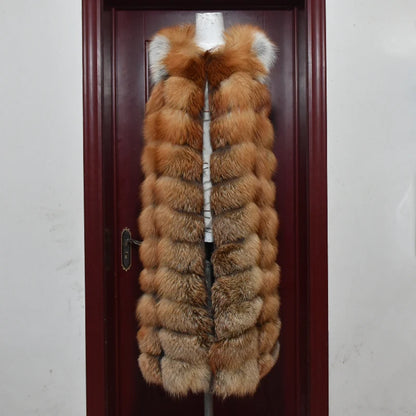 Winter Red Fox Fur Vest Female Real Extended Long  Women Red Fox Fur Waistcoat Natural Fox Fur Waistcoat Long