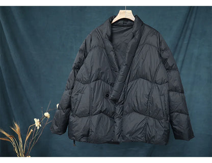 Schinteon Women Japanese Style Jacket Over Size White Duck Down Coat Loose Warm Autumn Winter Casual Outwear Top Quality