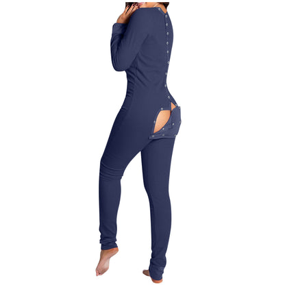 Sexy Pyjama Women's Jumpsuit Suit Button-down Front Back Butt Open Ass Flap Jumpsuit Pajamas Loungewear Buttoned Sleepwear