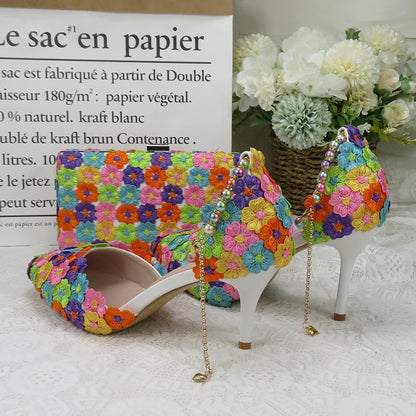 Fashion multicolored Flower Wedding Shoes With Matching Bags High Heels Pointed Toe Ankle Strap Ladies Party shoe and bag set