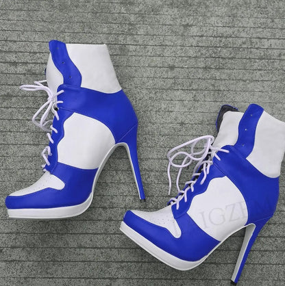 LAIGZEM SUPER Women Ankle Boots Patchwork High Heel Comfortable Short Boots Winter Casual Ladies Botines Mujer Big Size 45 46 47