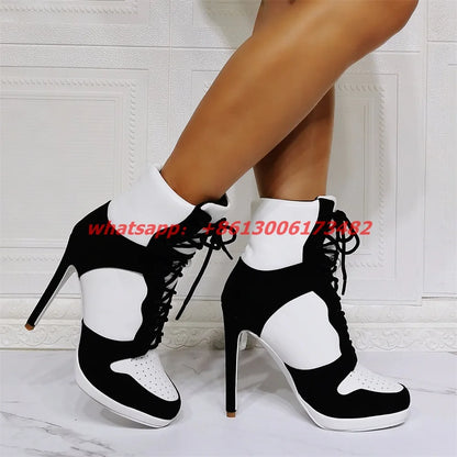 Lace Up High Top High Heel Sport Boots Size 47 Sporty Style Woman High Heel Lace-Up Short Boot High Heel Woman Sport Ankle Boots