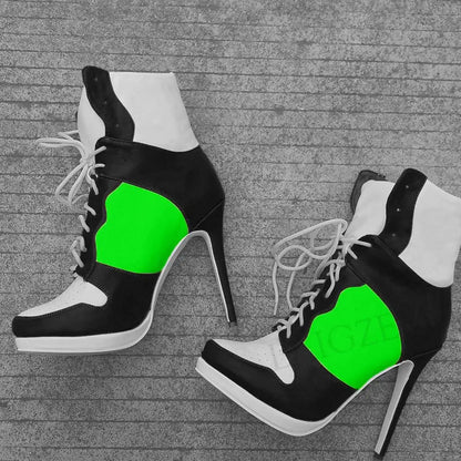 LAIGZEM SUPER Women Ankle Boots Patchwork High Heel Comfortable Short Boots Winter Casual Ladies Botines Mujer Big Size 45 46 47