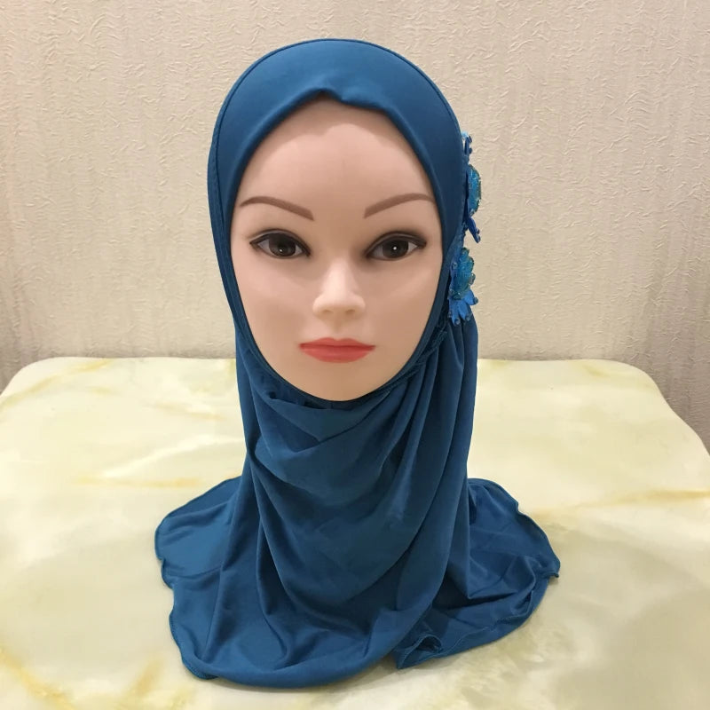 H081 beautiful small girl hijab with flowers cute hijab hats women's caps can fit 2-6 years old girls