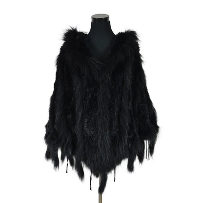 CK708 Real Knitted Rabbit Shawl Poncho Stole With Tassels Shrug Cape Robe Tippet Wrap With Raccoon Fur Collar Women