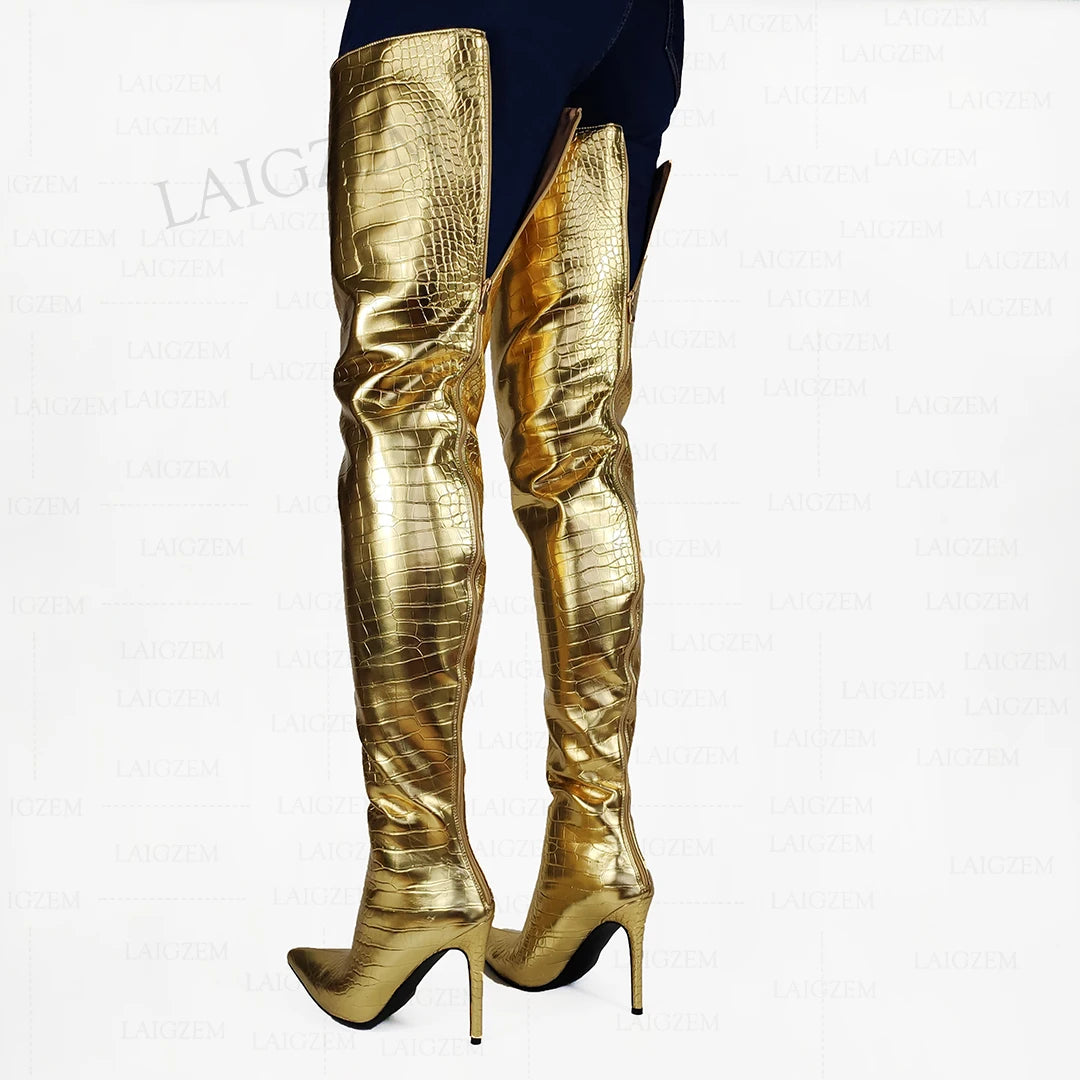 LAIGZEM Women Crotch High Boots Full Back Zip Up Stiletto High Heels Boots Corcodile Print Ladies Shoes Woman Big Size 38 42 47