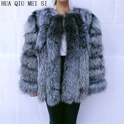 HUAQIUMEISI Real Fox Fur Coat Women's Autumn and Winter Vertical Bar Natural Fox Jacket New Fashion Silver Fox Fur Coat