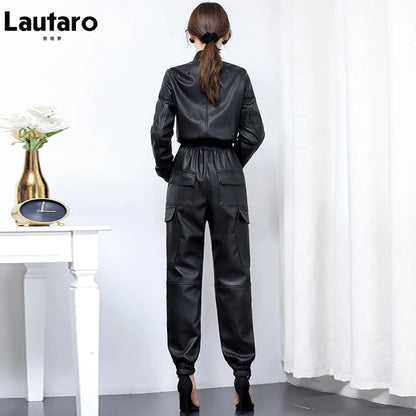 Lautaro Spring Long Black Soft Faux Leather Jumpsuit Women Long Sleeve Zipper Jumpsuits for Women Womens Fall Fashion 2021