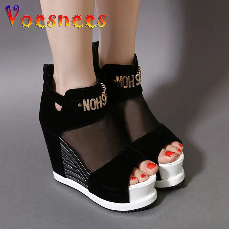 New Flock Ankl Boots Shoes Women Summer Sexy Hollow High Slope With The Fish Mouth Single Shoes Thick Bottom Wedges Short Boots