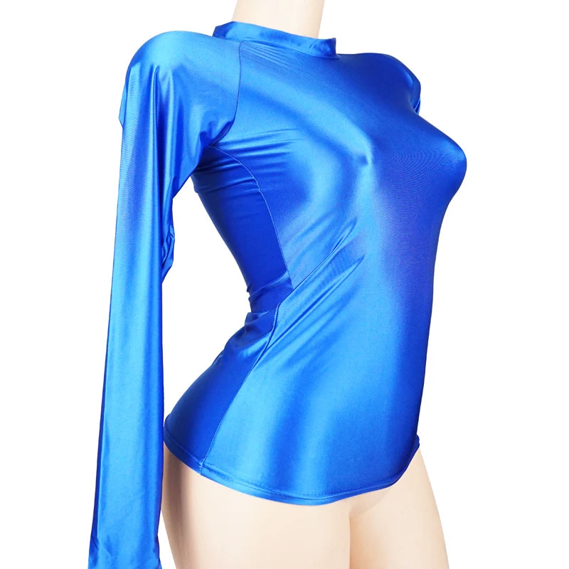 Shiny Long Sleeves Bodysuit Women Glossy Sportswear High Neck Gym Suit Sexy Transparent Leotards Compression Shirt Bathing Top