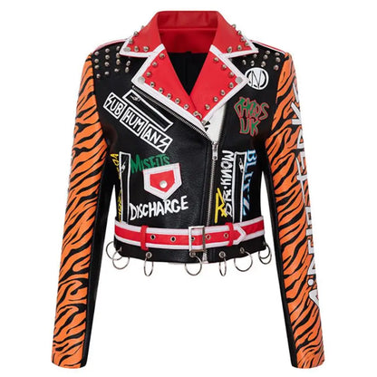 3xl women and men rivet beading pu leather jacket hit color streetstyle Graffiti outerwear letters printed leather jackets