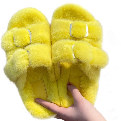 Slippers Ladies Summer Fluffy Mink Fur Slippers 100% Mink Fur Slippers Ladies Sandals 2021 Home Slippers Girls Outdoor Slippers