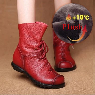 JIANBUDAN/ Genuine Leather Plush Women's Short Boots Retro Casual Autumn Winter Women's Boots Waterproof Leather Warm Snow Boots