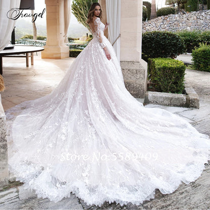 Customized Scoop A Line Lace Wedding Dresses Elegant Applique Long Sleeve Bride Dress Cathedral Train Bridal Gown Plus Size