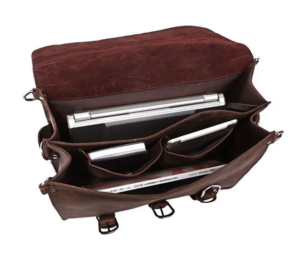 Vintage Crazy Horse Genuine Leather Men Briefcase Business Bag Large Leather Briefcase Male 15.6"Laptop Case Shoulder Bag office