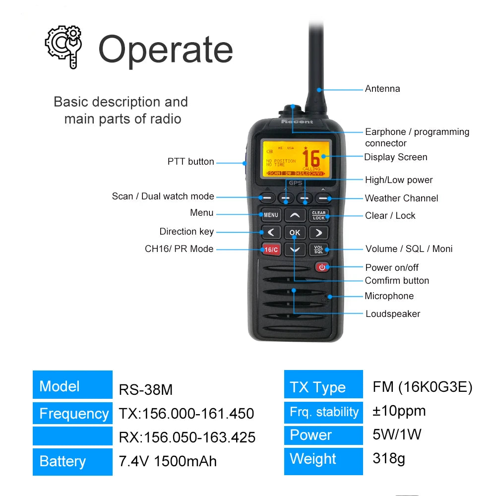 Recent RS-38M With GPS VHF Marine Radio IP67 Waterproof Float Walkie Talkie Tri-watch 156.025-157.425MHz Transceiver 2 Way Radio
