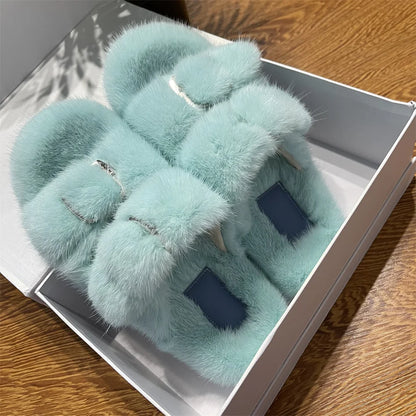 Luxury Designer Slipper Women 2025 Winter European Fashion Women's Shoes Ladies Slippers 100% Mink Slippers Shoes for Woman