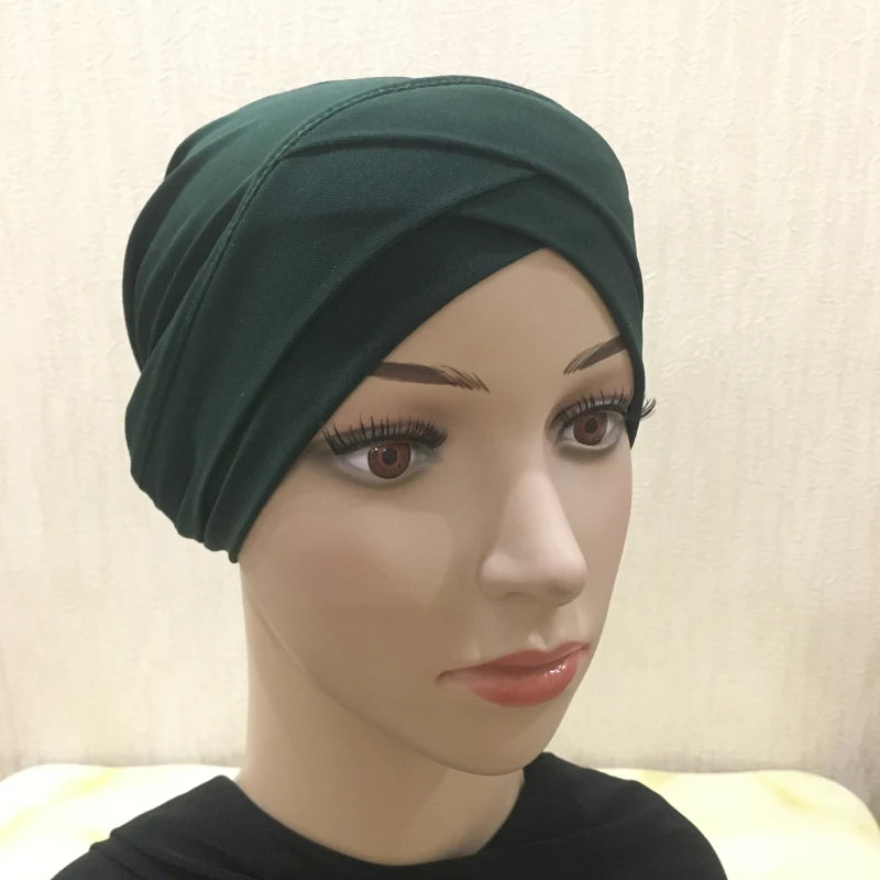 H117 Forehead criss Cross Muslim Turban Pure Color Stretch Inner Hijabs For Caps Ready To Wear Women Head Scarf Under Bonnet