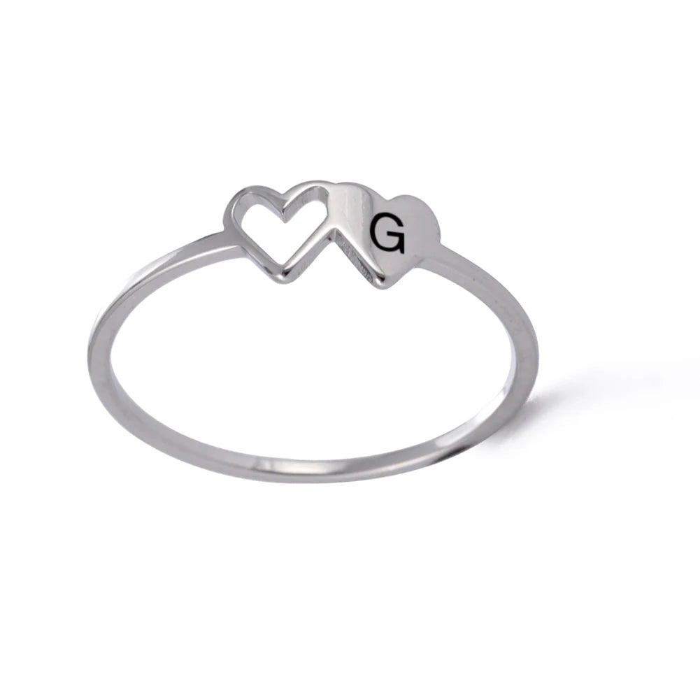 COOLTIME Initial Letter Ring for Women Stainless Steel A-Z Alphabet Double Heart Rings Simple Wedding Cheap Gift For Lover