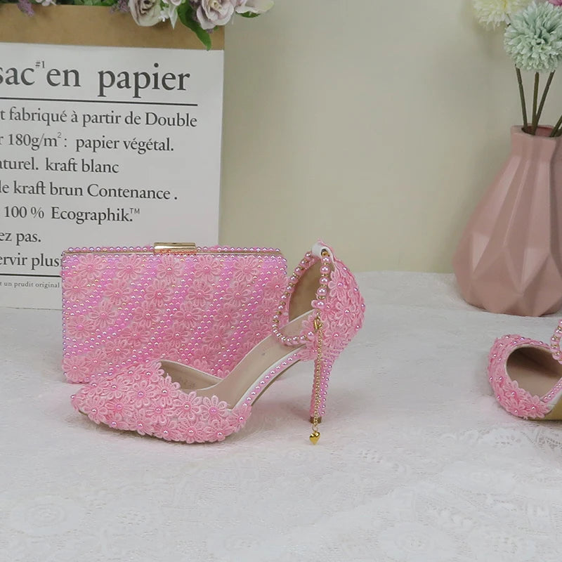 AB Pink Pearl Flower Wedding Shoes With Matching Bags High Heels Pointed Toe Ankle Strap Ladies Party Shoe and Bag Set