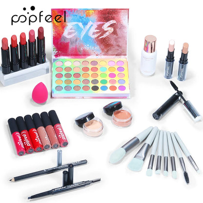 POPFEEL All In One Makeup Kit Cosmetics Set Eyeshadow Palette Concealer Foundation Makeup Brush Eyebrow Pencil Lipgloss Kit