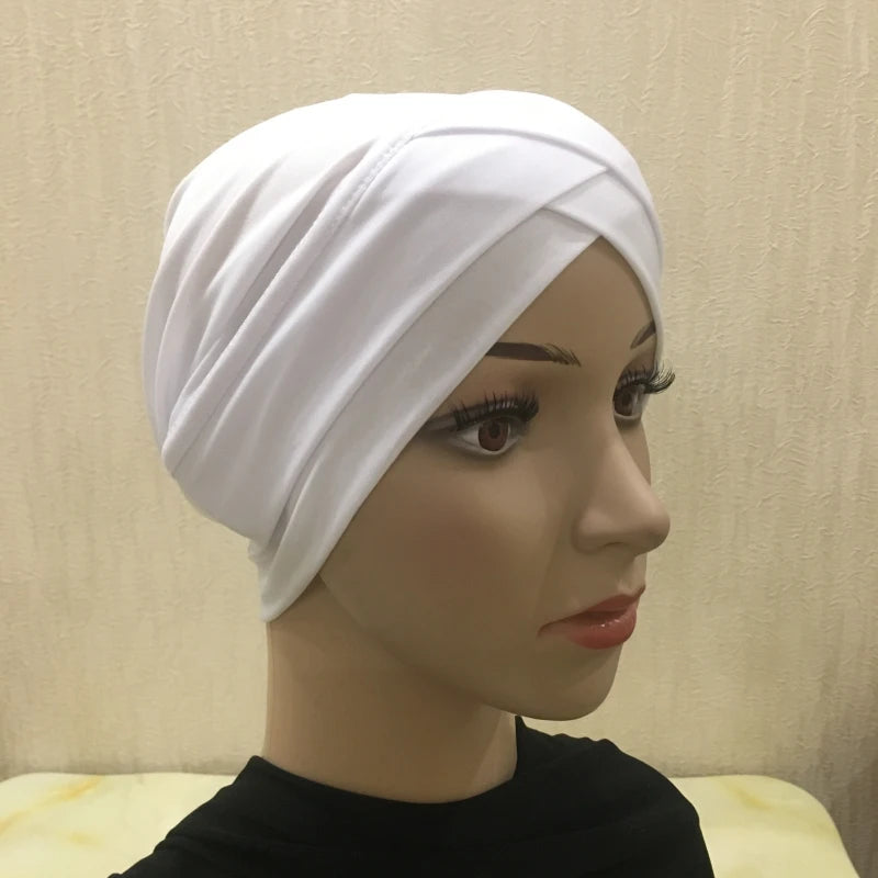 H117 Forehead criss Cross Muslim Turban Pure Color Stretch Inner Hijabs For Caps Ready To Wear Women Head Scarf Under Bonnet