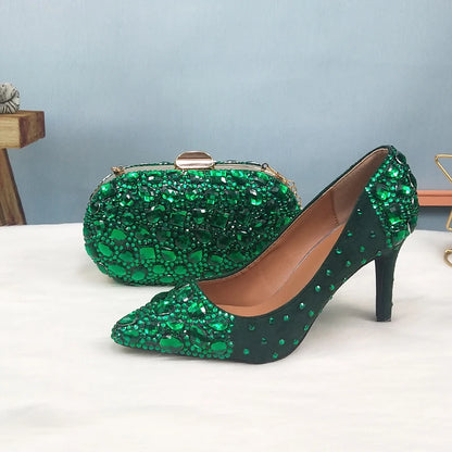 BaoYaFang 2022 NEW ARRIVE Green Crystal Wedding Shoes Woman Thin Heel Pointed Toe Bridal Party Dress Shoe Big Size High Pumps