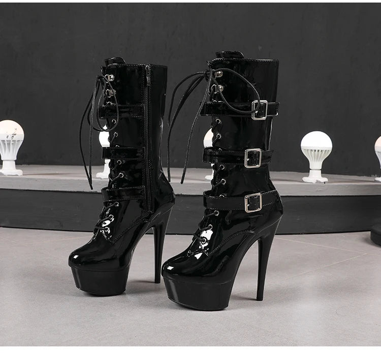 Fluorescent Green Fashionable Women ANKLE Boots Round Toe Side ZIP Short Boots Pole Dance Shoes Platform Heels Three Belt Buck