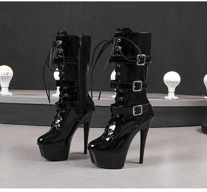 Fluorescent Green Fashionable Women ANKLE Boots Round Toe Side ZIP Short Boots Pole Dance Shoes Platform Heels Three Belt Buck