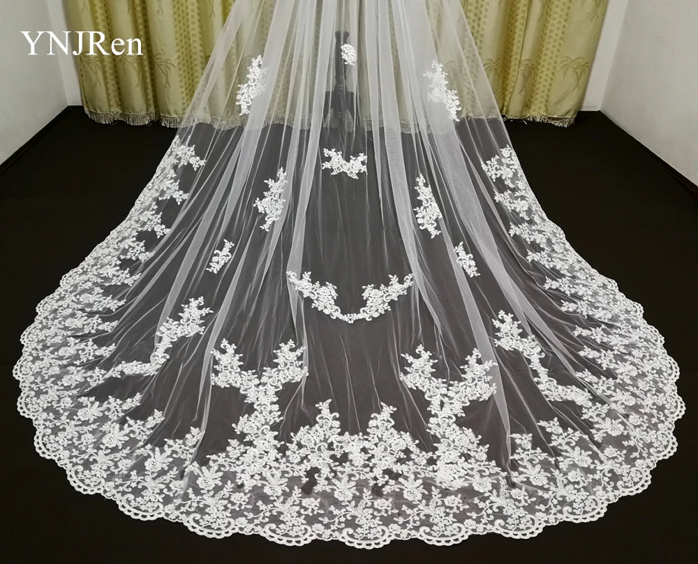 White Ivory Bridal Veil 3 m 4 m 5 m One Layer Wedding Veil With Comb Lace Bridal Veils Appliqued Cathedral Wedding Accessorie