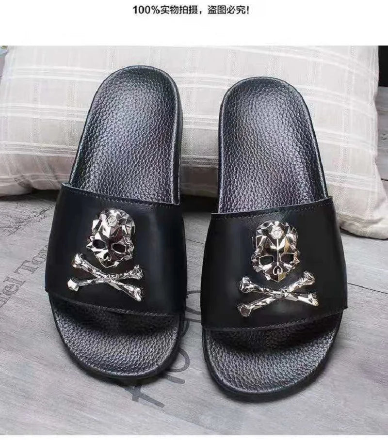 Summer Fashion Men's Leather Slippers Couple Beach Shoes Skull Sandals Slippers Antiskid Open Toe Flip Flops Big Size Slides