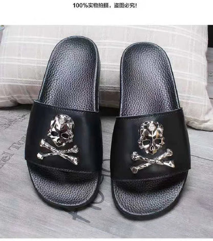 Summer Fashion Men's Leather Slippers Couple Beach Shoes Skull Sandals Slippers Antiskid Open Toe Flip Flops Big Size Slides