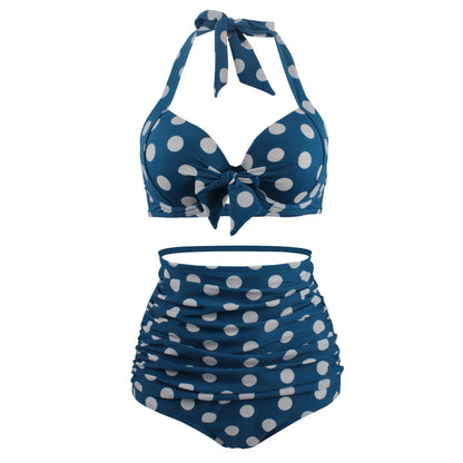 Pleated Bikini Red Top Navy Blue With White Dots Bottom Women Classic High Waist Halter Bikini Sets Plus Size Two-piece Swimwear