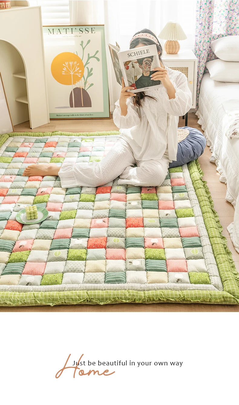 Large Thick Cotton Quilted Rugs for Living Room Anti Slip Bedroom Bedside Carpet Rugs Winter Warm Floral Print Tatami Floor Mats