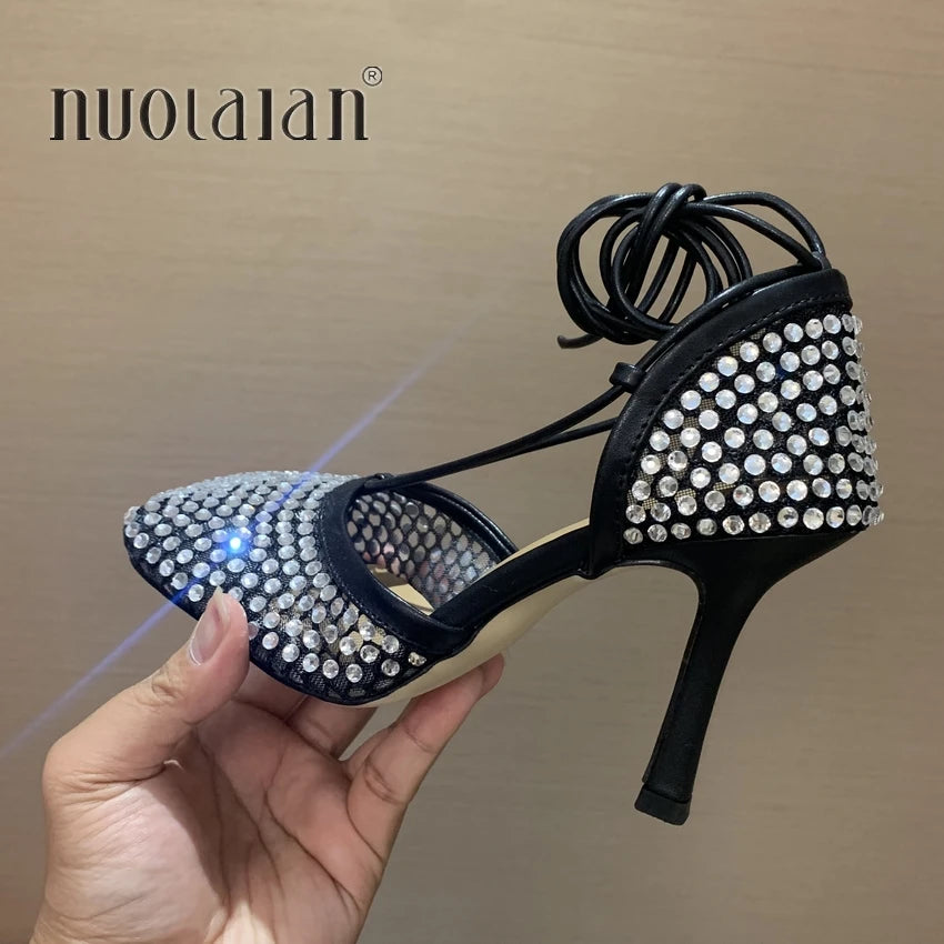 Fashion Green Rhinestone Women Pumps Sandals Female Square Toe high heels Lace Up Cross-tied Stiletto hollow Party Shoes Woman