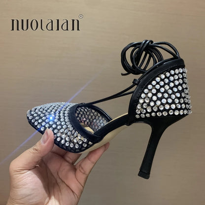 Fashion Green Rhinestone Women Pumps Sandals Female Square Toe high heels Lace Up Cross-tied Stiletto hollow Party Shoes Woman
