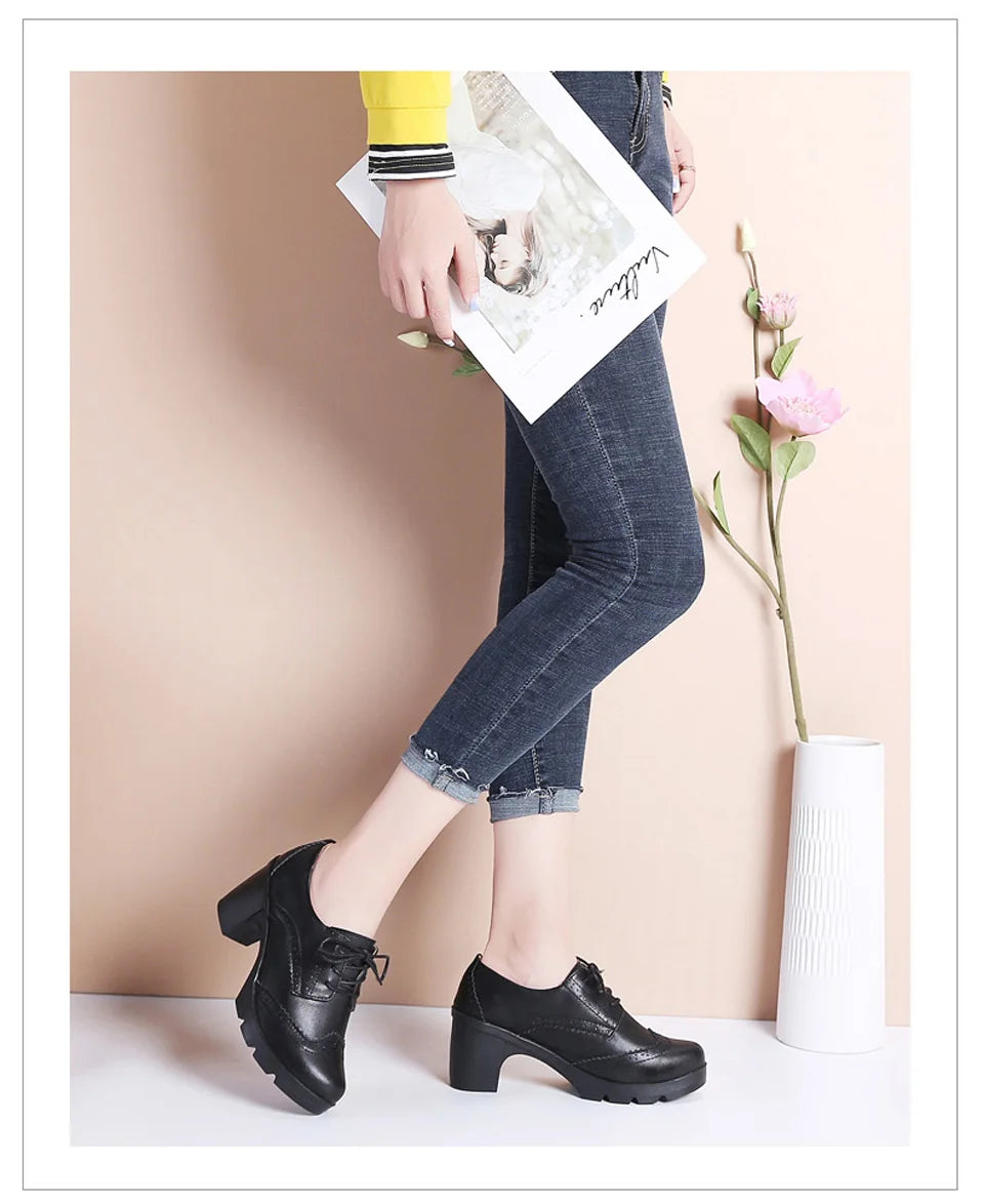 EOFK Women Brogue Shoes New Quaity High Square Heel Derby Genuine Leather High Heels Wedge Shoes Woman Female Shoes Pumps Casual